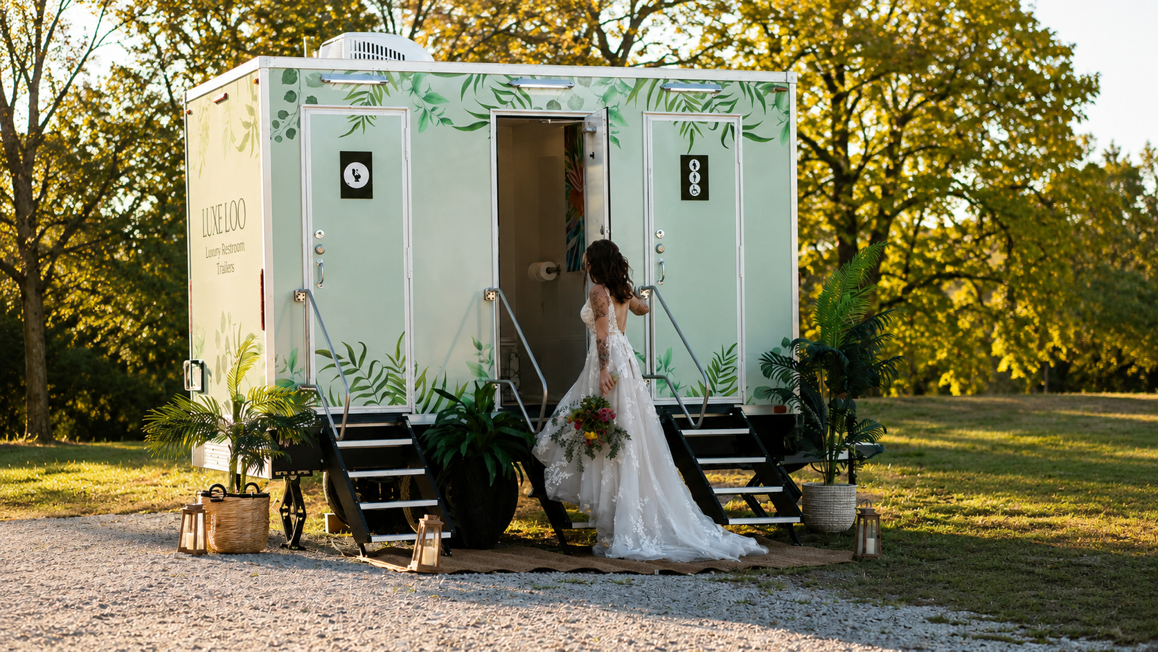 Restroom Trailer Pro Luxe Loo Cincy Bride Walking Into 2-Station 1