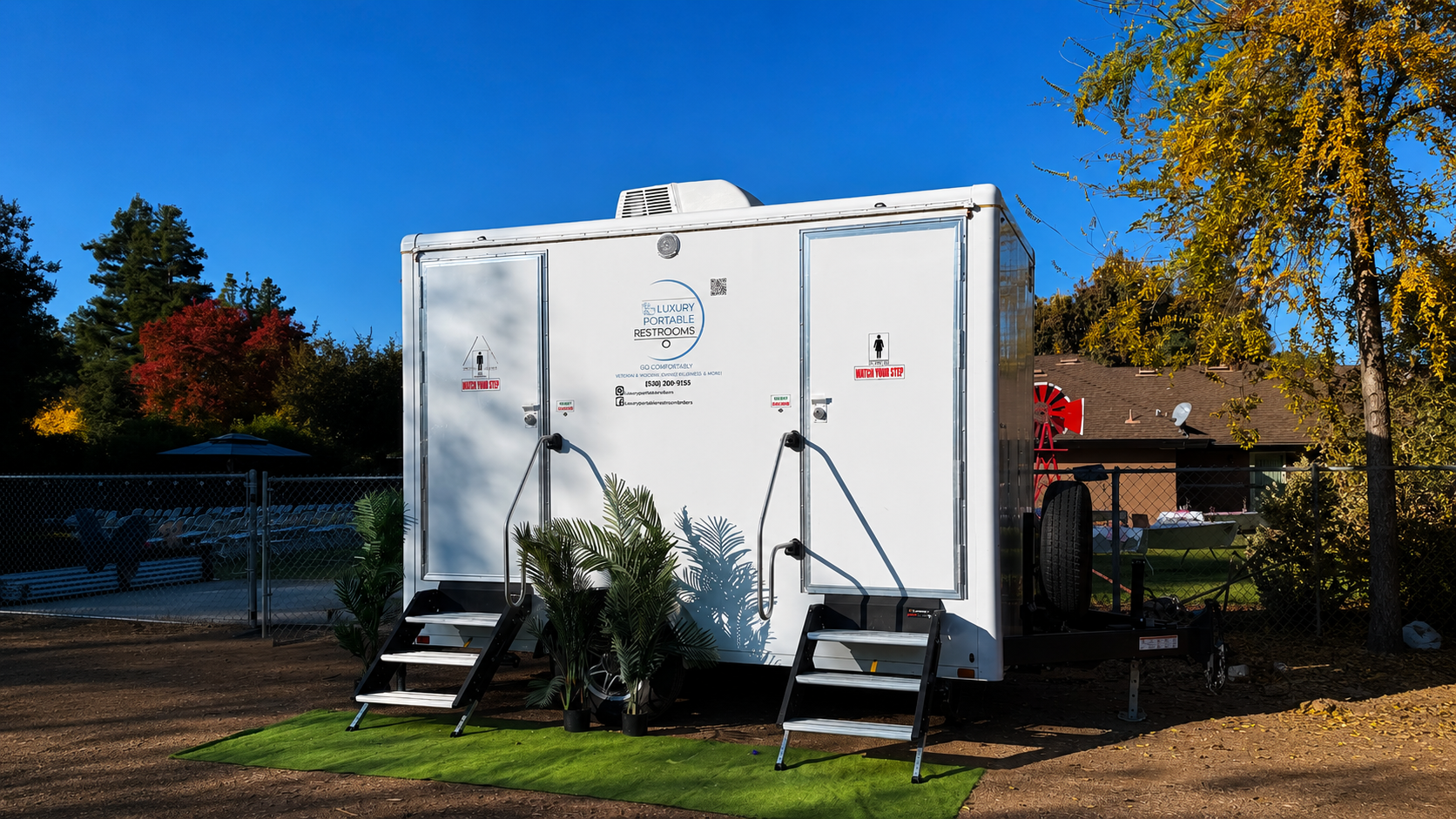 Restroom Trailer Pro Luxury Portable Restroom Trailers 2-Station Setup At Wedding Reception 1